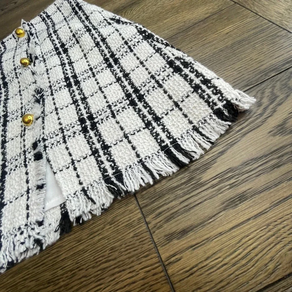 Tweed Mini Skirt Plaid Black White XL‎ NWT Kate Kasin